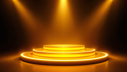 an illuminated golden stage or pedestal, a perfect setting for showcasing a product or presentation, highlighted by radiant spotlights