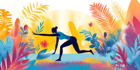 Illustration of woman practicing yoga in vibrant, nature-inspired setting with lush plants and sunlight, symbolizing mindfulness, balance,connection with nature for wellness,fitness,spiritual concepts