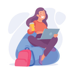 Woman Student Character with Laptop Learn Lesson Vector Illustration