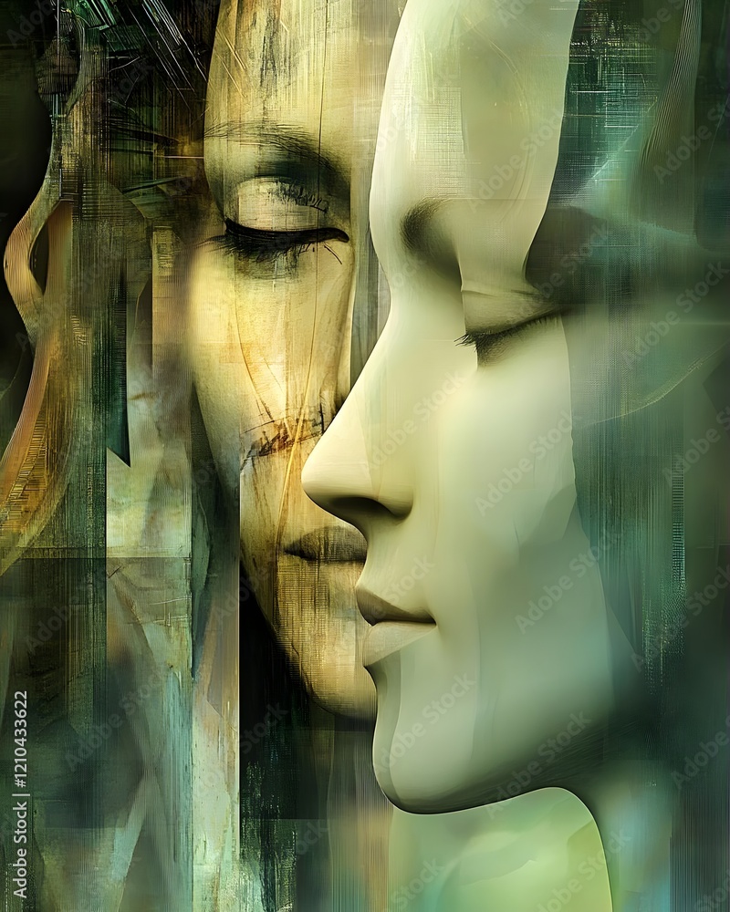 Poster an abstract representation of two faces merging in a dreamlike, ethereal environment.