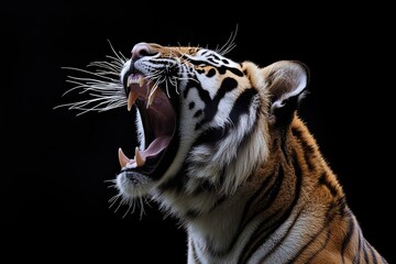 Obraz premium A Roaring Tiger Against A Dark Background