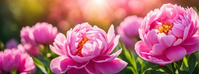 Fototapeta premium Beautiful pink peonies in the garden on the background of the side. Pink peony flower in the sunlight. Spring nature scene with a blooming peony. A banner with space for the text.