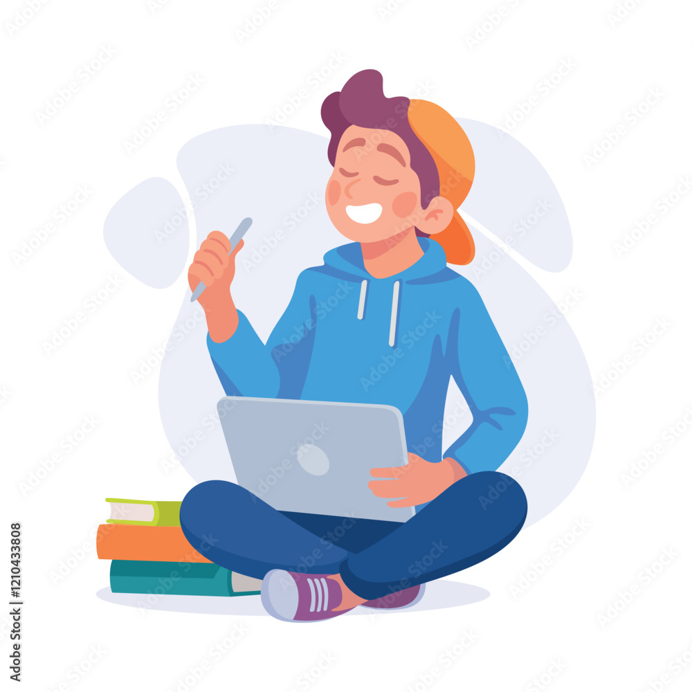 Poster man student character with book and laptop learn lesson vector illustration