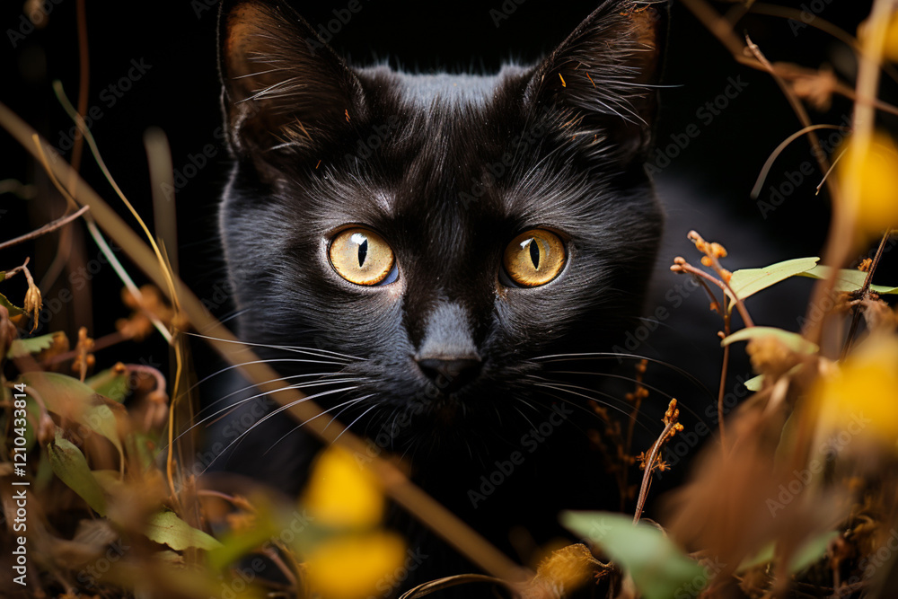 Canvas Prints Beautiful bombay black cat portrait with yellow eyes and attentive look in grass in nature.  Generative AI