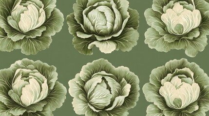 Fototapeta premium Seamless pattern of green cabbages on olive background.