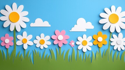 Paper Flowers Meadow, Spring Nature Background