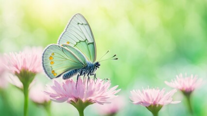 Naklejka premium Summer photo with a butterfly sitting on a summer flower. There is a bokeh-style field all around, drenched in the sun and with a place for text.