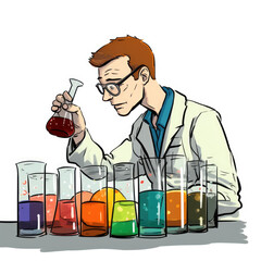 generated illustration of curious scientist analyzing test tube and beaker  in cartoon style