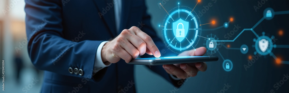 Poster businessmen use a secure touchpad to access innovative solutions protecting their networks and sensi