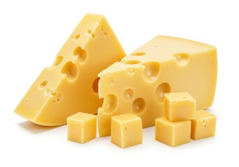 Blocks of yellow cheese with holes, along with small cheese cubes isolated on white background