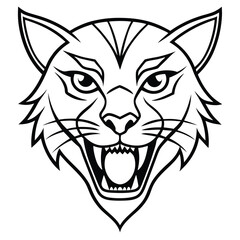 A minimalist line art design of a big cat head, showcasing sharp angular lines and flowing curves to highlight with piercing eyes
