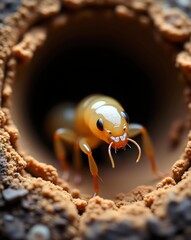 Close-up of a Yellow Ant Emerging From a Burrow in the Earth, Low Angle View