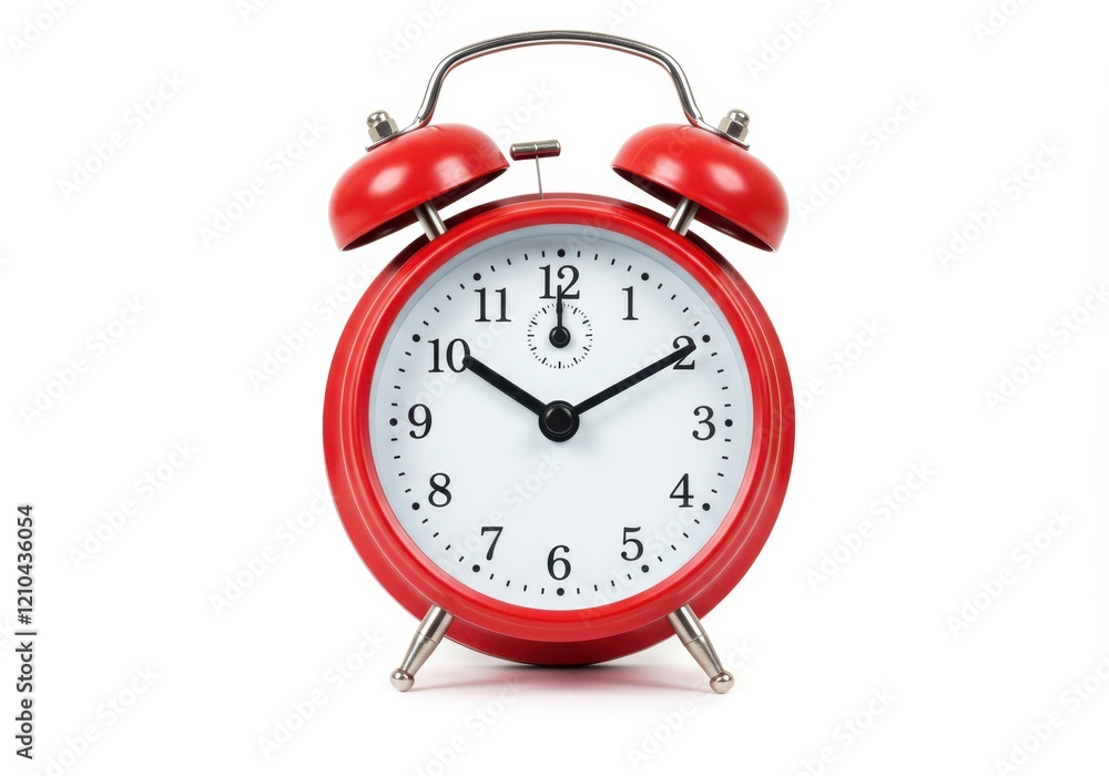Poster a classic red alarm clock with two bells on top and a white clock face displaying the time isolated 