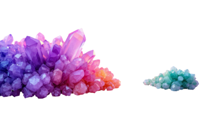 A vibrant array of multi-colored crystals on a pink background showcasing their geometric patterns