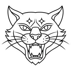 A minimalist line art design of a big cat head, showcasing sharp angular lines and flowing curves to highlight with piercing eyes