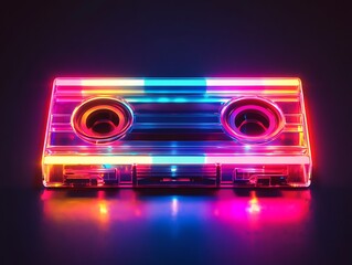 Futuristic neon cassette tape with glowing multicolored lights in a cyberpunk retro synthwave style, perfect for nostalgic music and technology themes