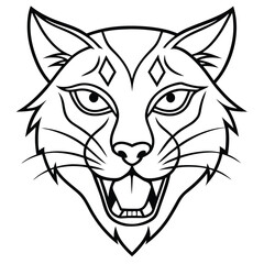 A minimalist line art design of a big cat head, showcasing sharp angular lines and flowing curves to highlight with piercing eyes