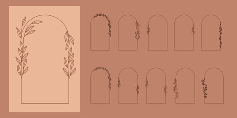 Zestaw dekoracyjnych ramek w minimalistycznym stylu z delikatnymi listkami. Proste botaniczne dekoracje do wykorzystania w projektach. © Monika