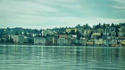Naklejka premium Twilight over the lake Lugano in Ticino, Switzerland