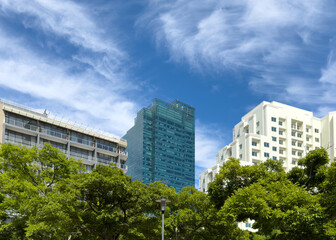 Cape town city skyscrapers against blue sky, high rise office buldings. South Africa