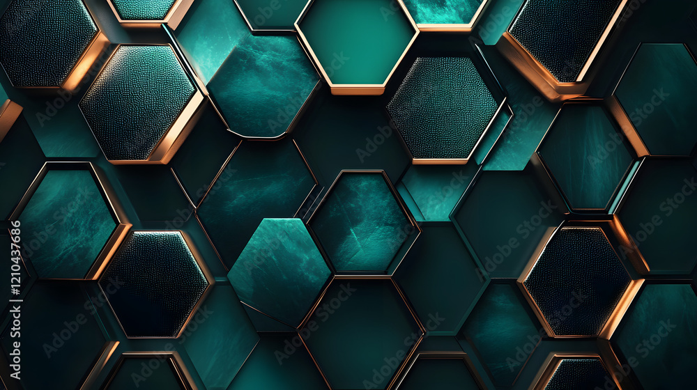 Poster a modern geometric pattern with bold hexagonal tiles in gold, silver, and deep emerald, exuding soph