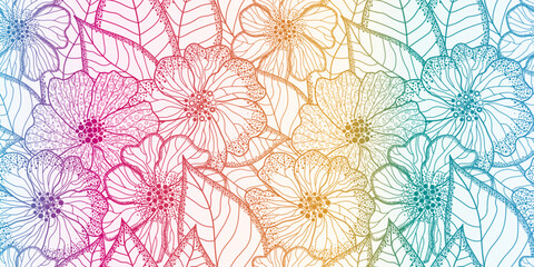 Vector illustration of colorful gradient seamless floral pattern. Floral organic background with dotted flowers and leaves. For textile, wallpaper and packaging.