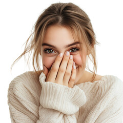 A shy woman with a soft smile, one hand covering her face