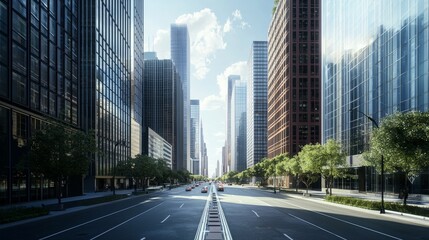 Obraz premium realistic photo view of a wide street with skyscrapers 