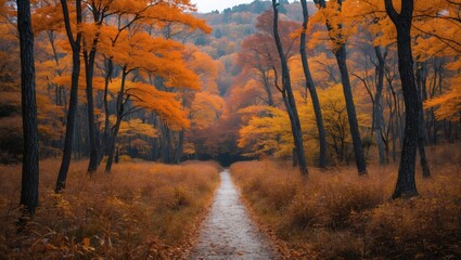 Fototapeta premium Tranquil autumn trail through montseny forest's beauty