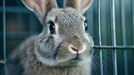 Close-up of a curious rabbit looking through a cage, showcasing its soft fur and features.