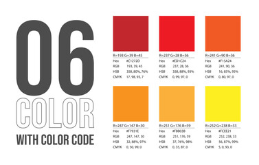 6 color With Color Code. Hex code, RGB color code, Cmyk Color Code, Red, orange, and  yellow color code template