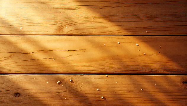 wooden planks bathed in warm sunlight and adorned with delicate water droplets, creating a textured and inviting natural aesthetic.