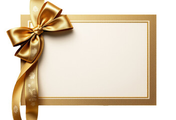 Fototapeta premium Elegant golden gift card with satin ribbon and ornate textured border for holidays and special occasions
