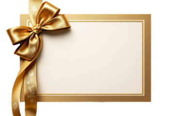 Elegant golden gift card with satin ribbon and ornate textured border for holidays and special occasions
