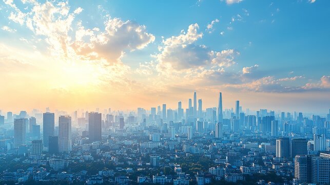 ity white model, skyline of city, 3d model rendering without texture, tilt shift lens, white model style, blue sky background,3D visualization style,minimalist style, blue sky and white light, 
