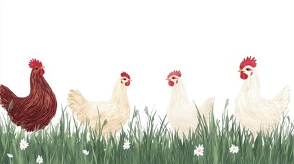 Fototapeta premium Chickens grazing peacefully in a field of green grass surrounded by wildflowers.