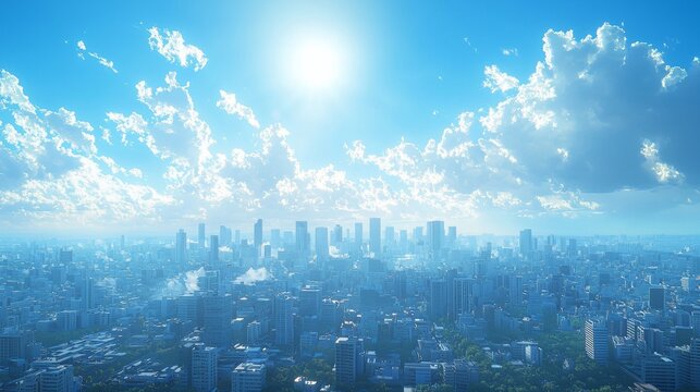 ity white model, skyline of city, 3d model rendering without texture, tilt shift lens, white model style, blue sky background,3D visualization style,minimalist style, blue sky and white light, 