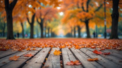 Fototapeta premium Vibrant autumn scene with rustic wooden flooring