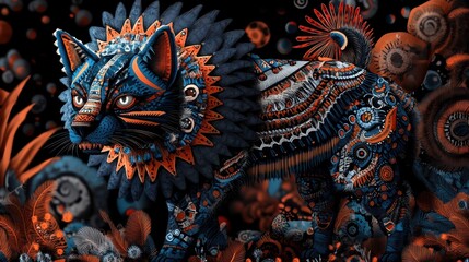 Obraz premium A surreal, colorful cat adorned with intricate patterns and vibrant designs.