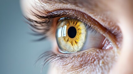 Close-up of a human eye showcasing detailed iris and pupil features.