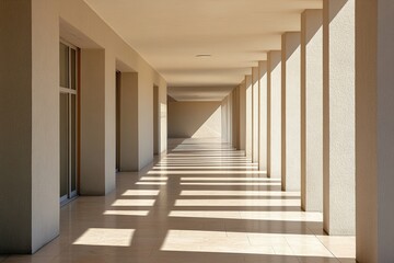 Sunlight creates patterned shadows on the corridor of a modern building in the afternoon