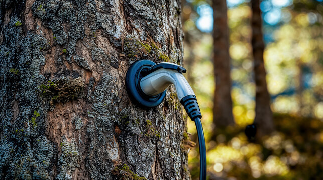 une prise de recharge pour voiture &eacute;lectrique branch&eacute;e sur un arbre - la nature fournie de l'&eacute;nergie verte