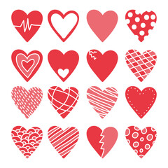 Collection of Red Heart Icons with Various Patterns and Designs