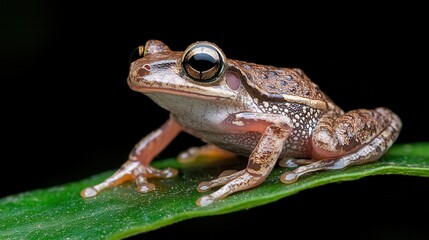 Fototapeta premium Close-up of a frog sitting on a leaf, showcasing intricate details and vibrant colors.
