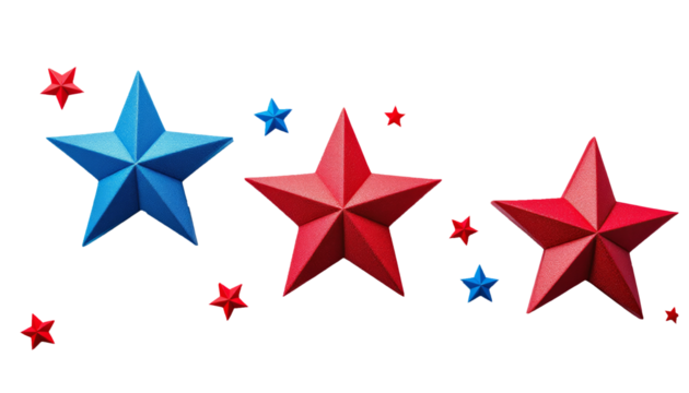 Red and blue dimensional stars arranged on a white background for patriotic displays - Powered by Adobe