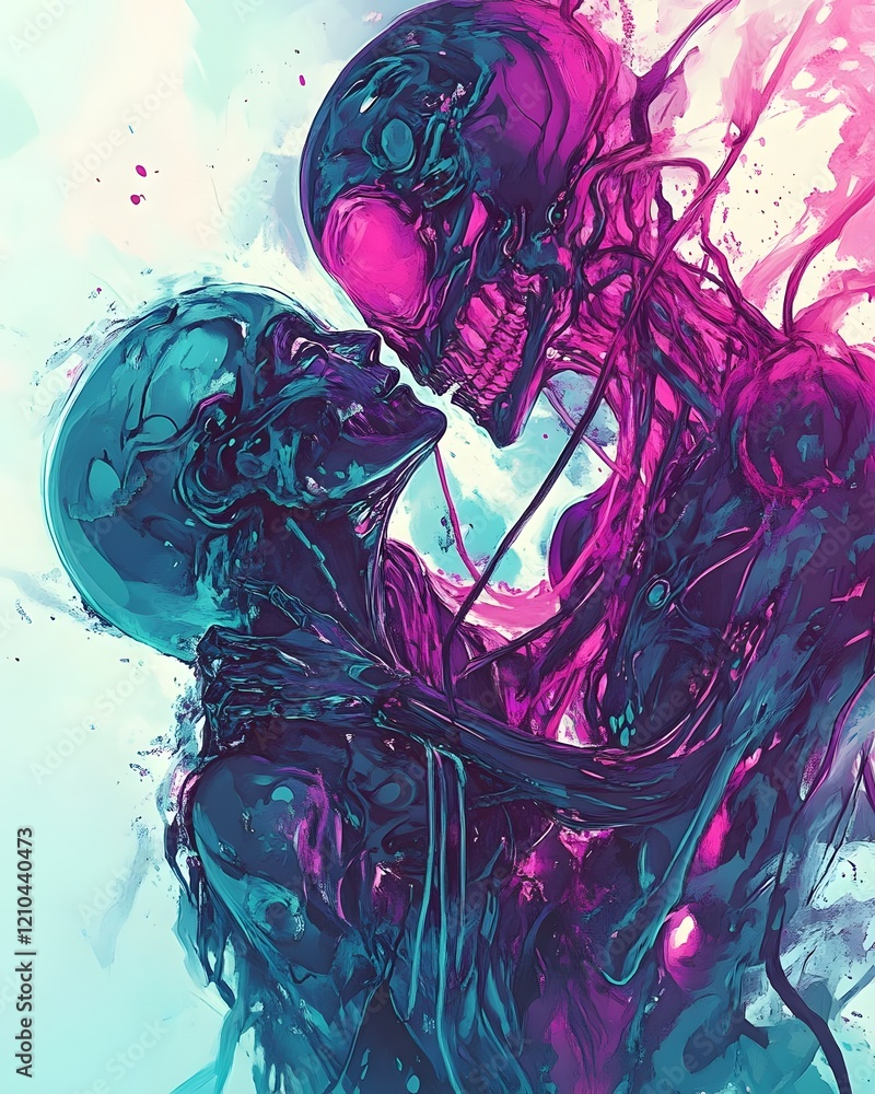 Poster two abstract figures embracing, blending colors and forms, evoking emotion and connection.