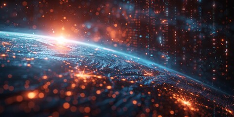 Fototapeta premium Earth's surface from space with glowing city lights, a vibrant sunrise, and abstract digital elements, symbolizing technology