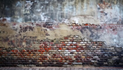 Obraz premium weathered brick and plaster wall with peeling textures, showcasing aged urban decay and vintage aesthetic, ideal for grunge background