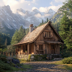 Obraz premium Cosy wooden cabin surrounded by mountains and pine trees in a peaceful forest setting