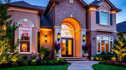 Luxury Dream Home Exterior at Night: Modern Architecture, Elegant Design, and Stunning Landscape